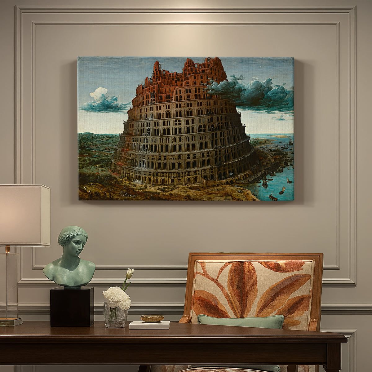 Canvas art print featuring a massive tower under construction rising above landscape, presented within a refined interior setting