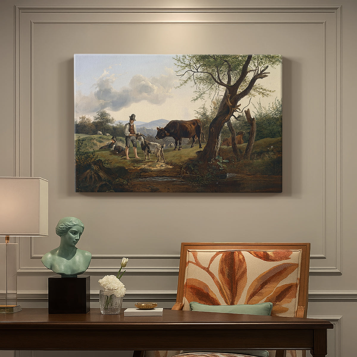 Canvas art print featuring a shepherd standing beside goat in countryside, presented within a refined interior setting