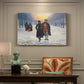 Canvas art print featuring figures walking through snowy street in quiet winter village scene, presented within a refined interior setting