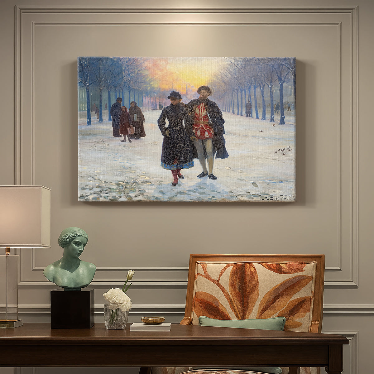 Canvas art print featuring figures walking through snowy street in quiet winter village scene, presented within a refined interior setting