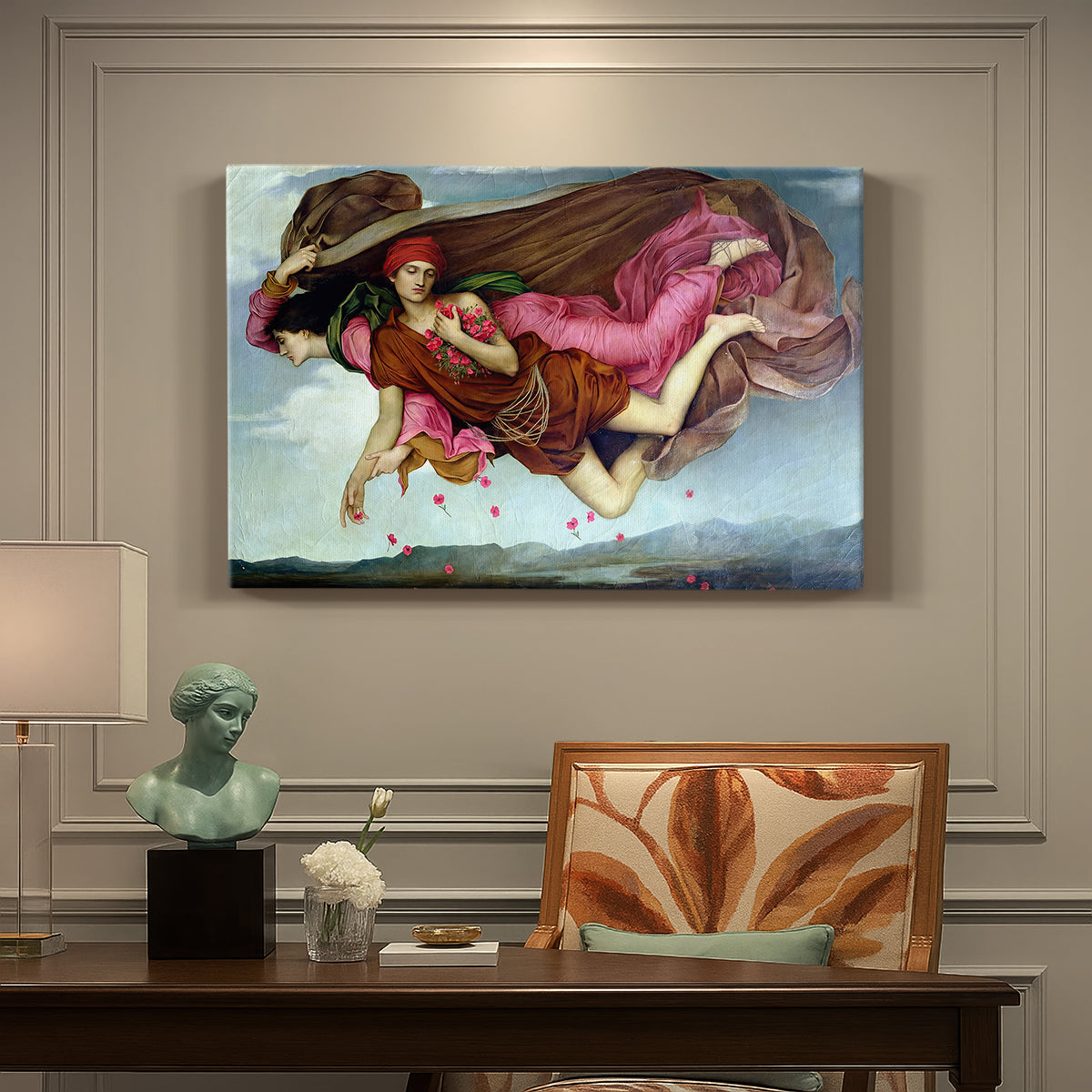 Canvas art print featuring two intertwined female figures floating through dark sky representing night and sleep, presented within a refined interior setting