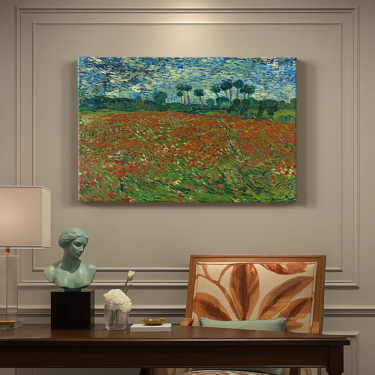Canvas art print featuring a field dotted with red poppies stretching across green landscape, presented within a refined interior setting