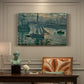 Canvas art print featuring a hazy sunrise over harbor with boats silhouetted in soft morning light, presented within a refined interior setting