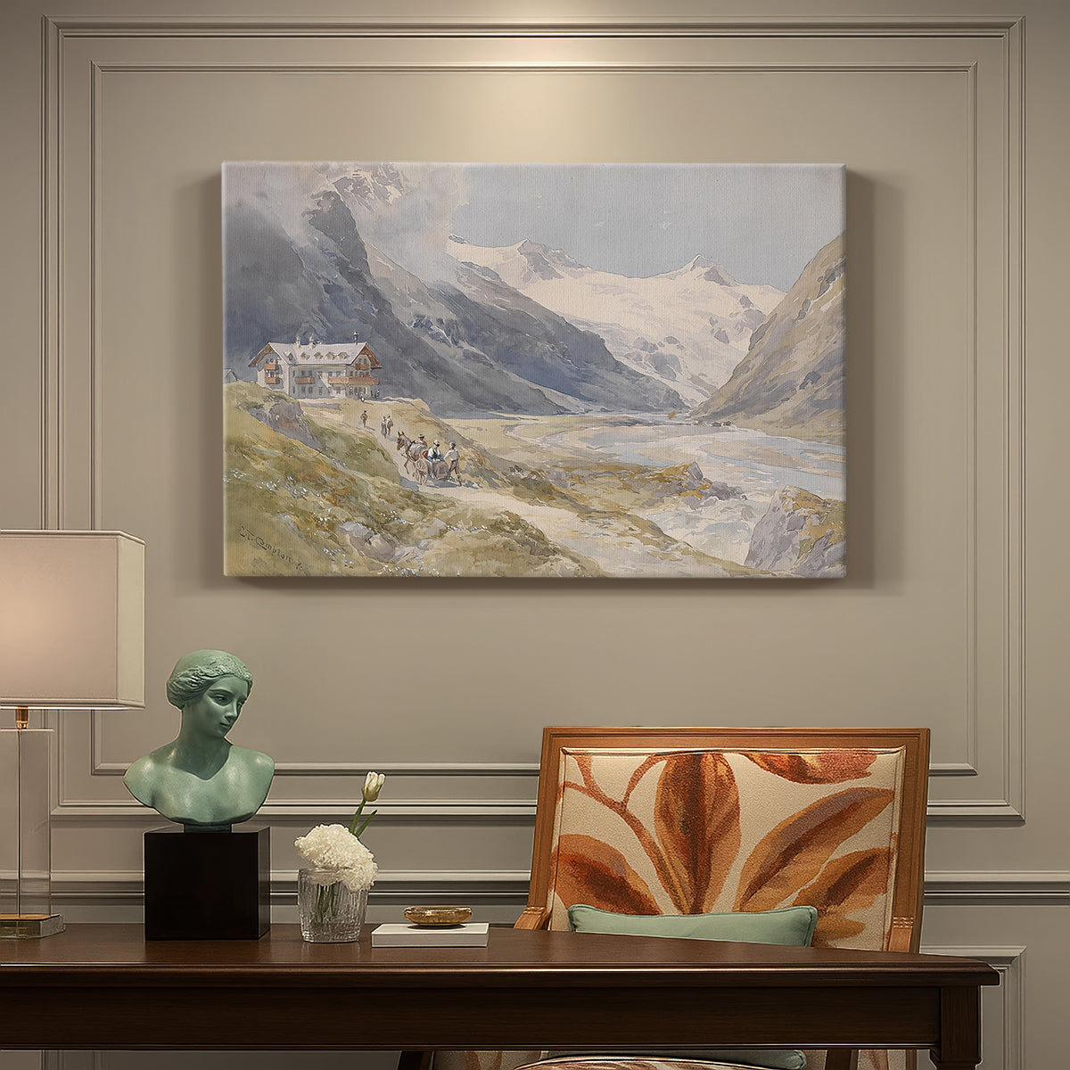 Canvas art print featuring a small group of shepherds in alpine landscape with grazing animals, presented within a refined interior setting