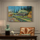 Canvas art print featuring rows of flowering trees enclosed by tall cypress trees in orchard setting, presented within a refined interior setting