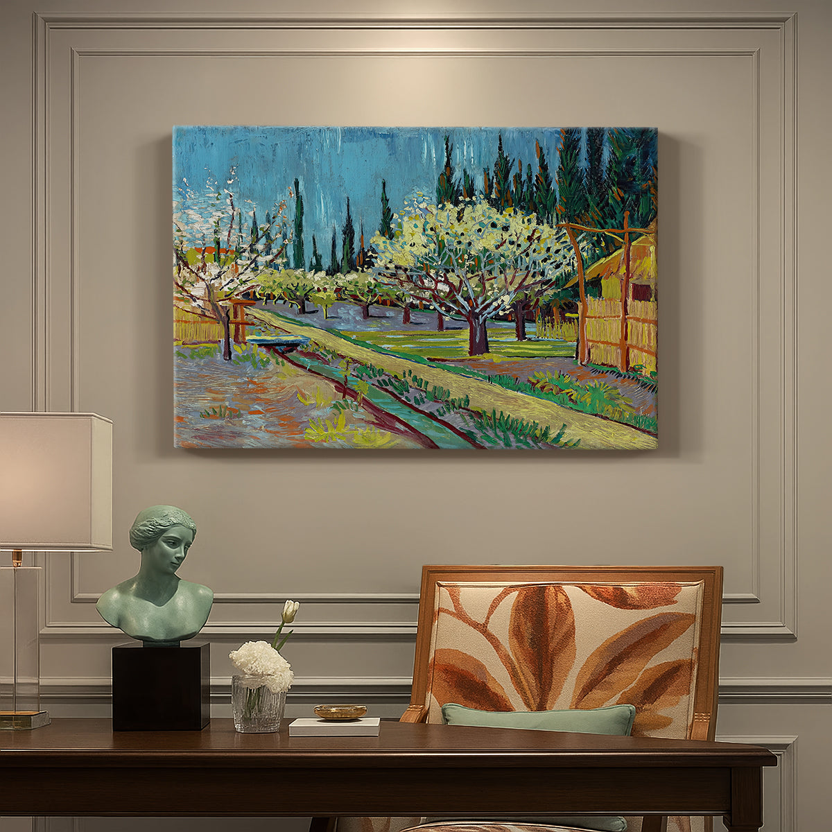 Canvas art print featuring rows of flowering trees enclosed by tall cypress trees in orchard setting, presented within a refined interior setting