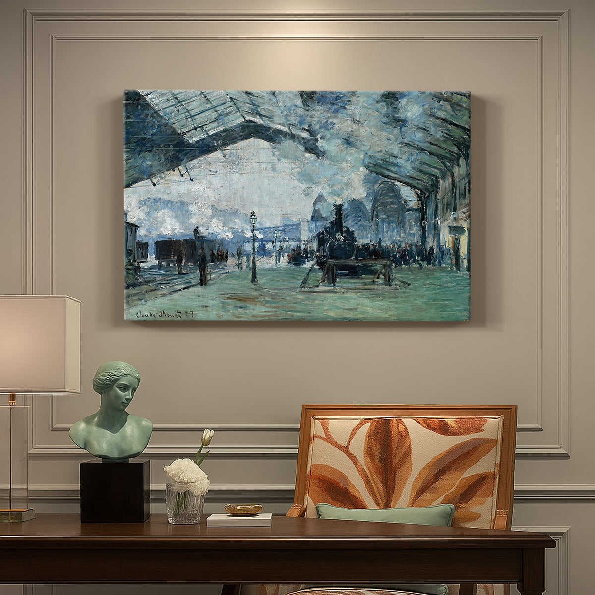 Canvas art print featuring trains arriving under large arched station roof with billowing steam, presented within a refined interior setting