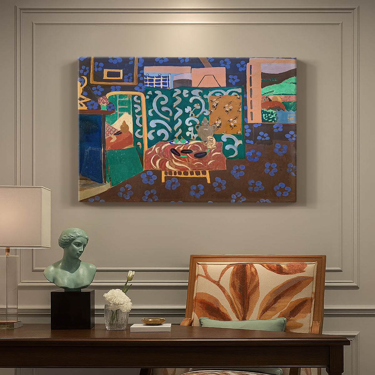 Canvas art print featuring a colorful interior with table, aubergines, and richly patterned surfaces, presented within a refined interior setting
