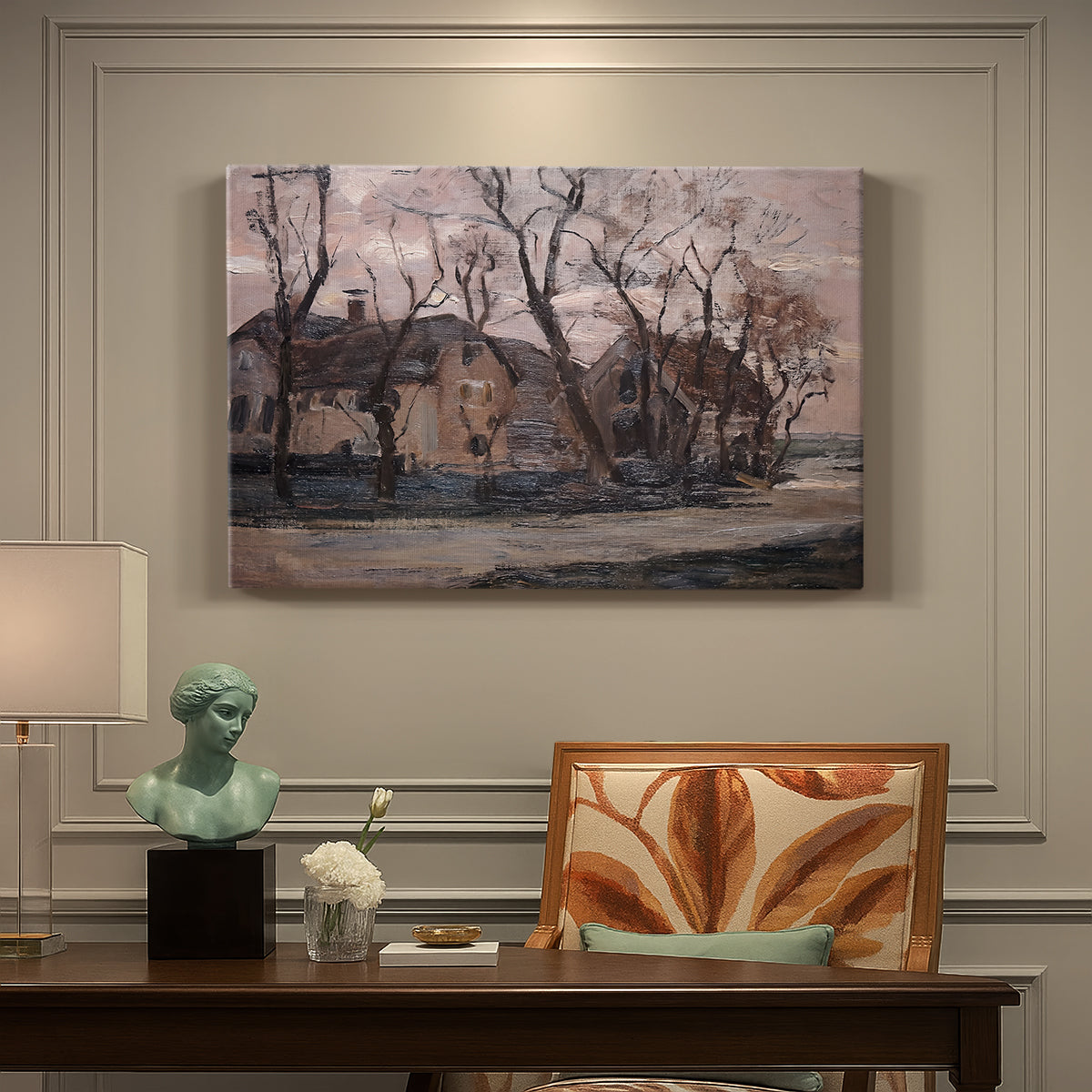 Canvas art print featuring a farmhouse and trees in muted evening landscape, presented within a refined interior setting