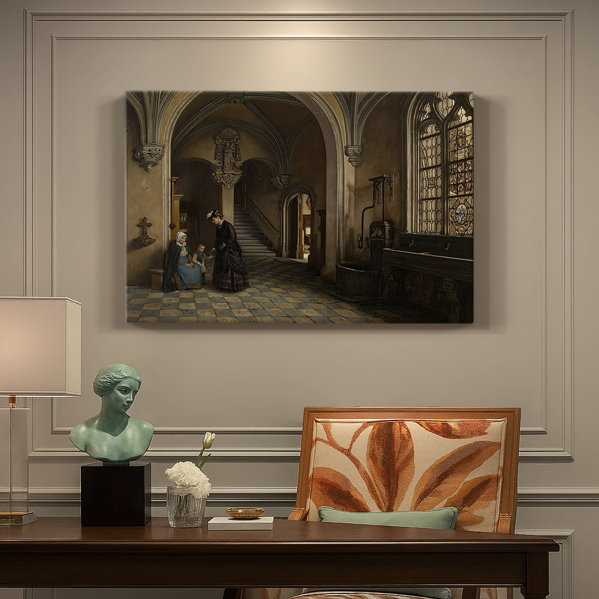 Canvas art print featuring a large church interior with arches, columns, and figures beneath vaulted ceiling, presented within a refined interior setting