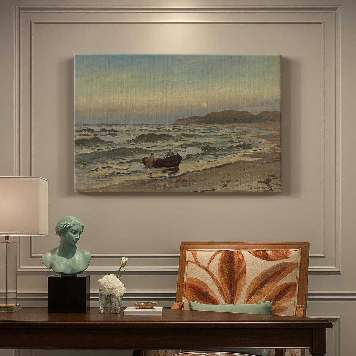 Canvas art print featuring a stormy coastal scene with waves crashing under dark dramatic sky, presented within a refined interior setting