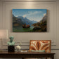 Canvas art print featuring a bridal procession in boats crossing a fjord surrounded by dramatic mountain landscape, presented within a refined interior setting