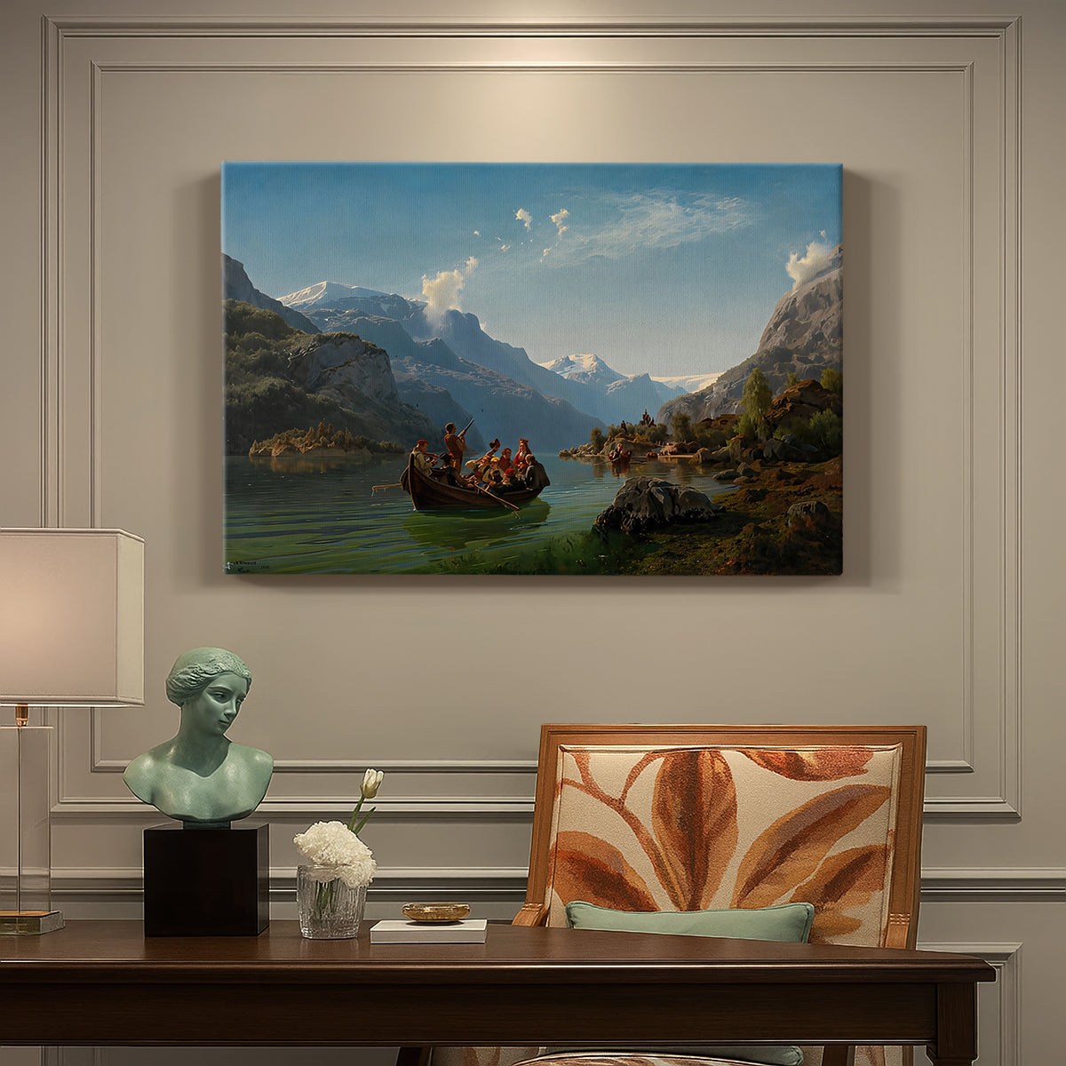 Canvas art print featuring a bridal procession in boats crossing a fjord surrounded by dramatic mountain landscape, presented within a refined interior setting