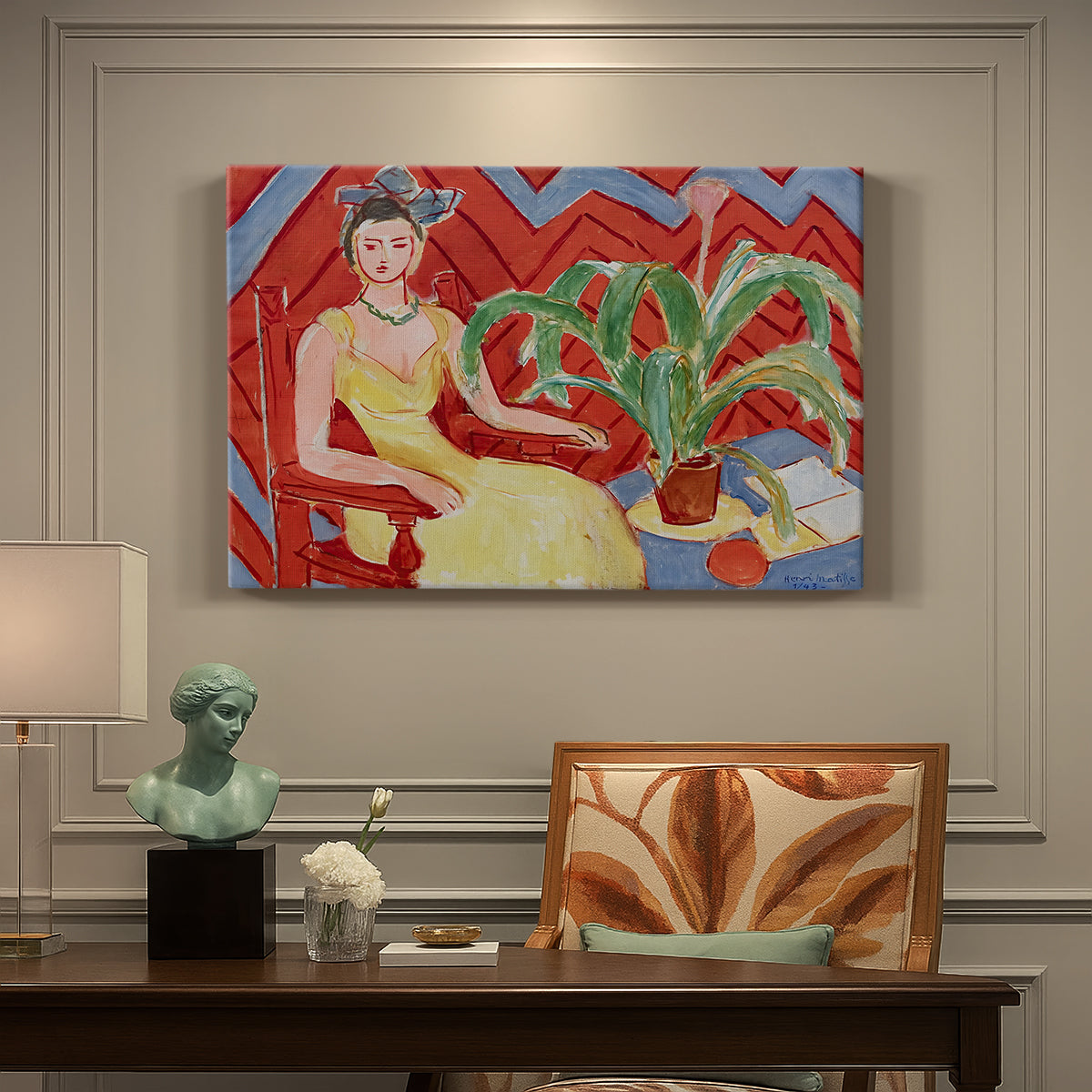 Canvas art print featuring a seated woman in a vivid interior with bold color contrasts, presented within a refined interior setting