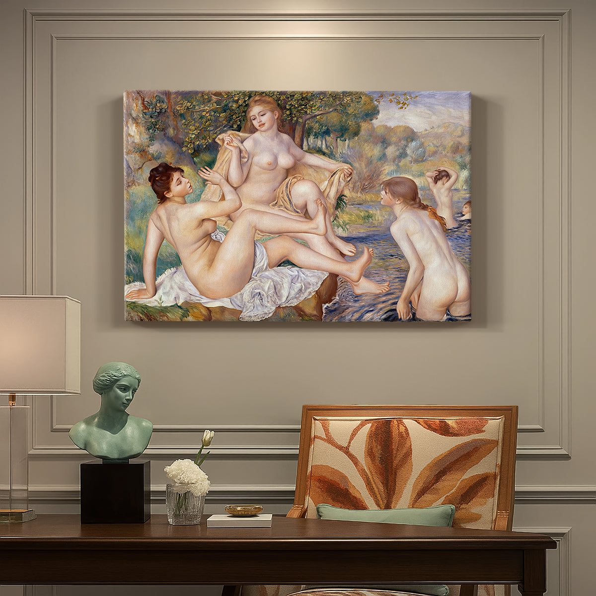 Canvas art print featuring a group of nude women bathing together in a sunlit natural landscape, presented within a refined interior setting