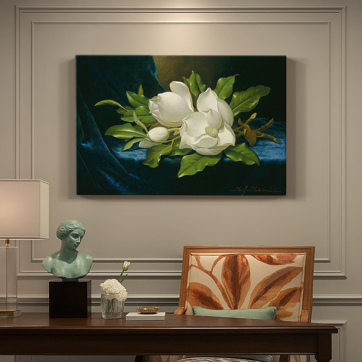 Canvas art print featuring a large magnolia flowers arranged on blue velvet, presented within a refined interior setting