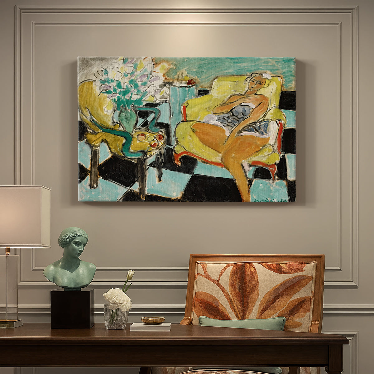 Canvas art print featuring a seated woman posed with a flower in a bright interior, presented within a refined interior setting