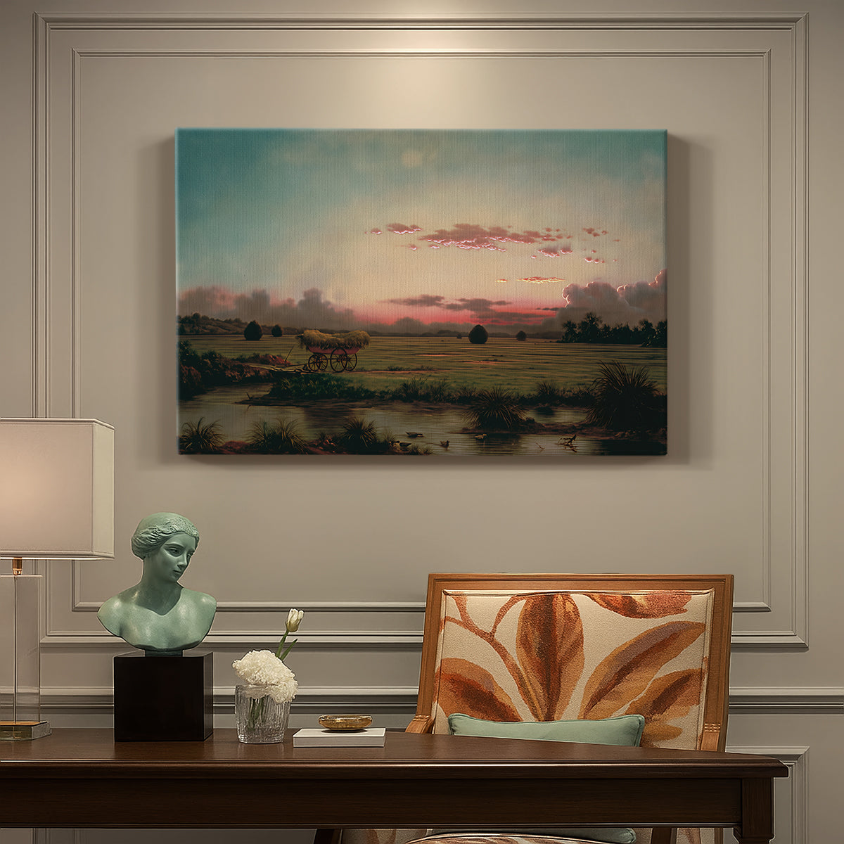 Canvas art print featuring an expansive marshland with water channels and horizon, presented within a refined interior setting