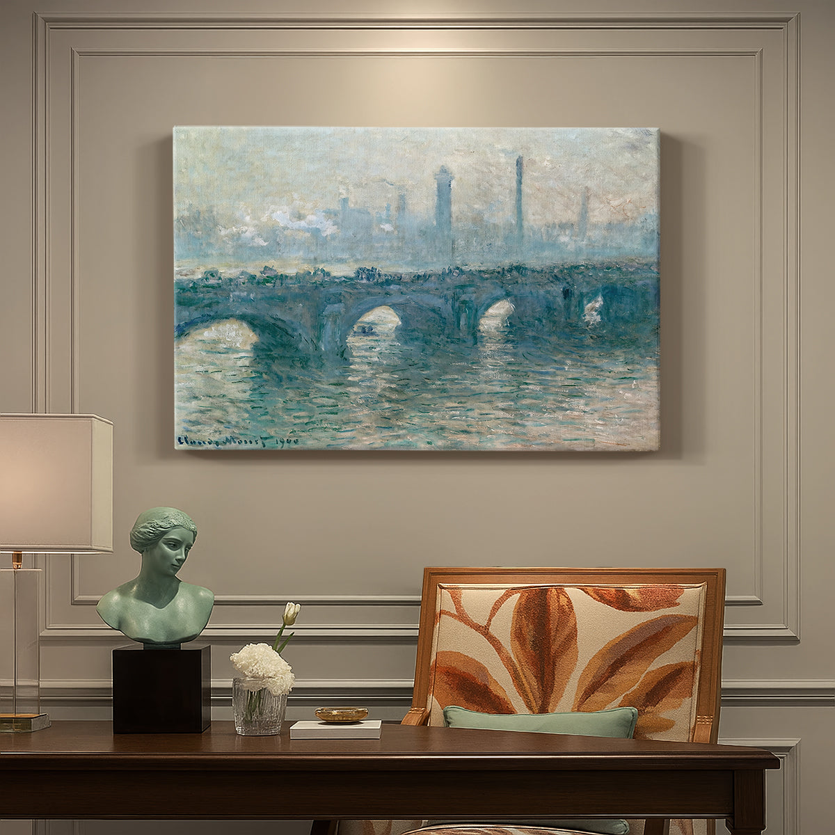 Canvas art print featuring a hazy view of Waterloo Bridge over river in gray atmospheric light, presented within a refined interior setting