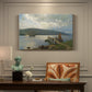 Canvas art print featuring a wooden jetty extending into calm water with boats nearby, presented within a refined interior setting