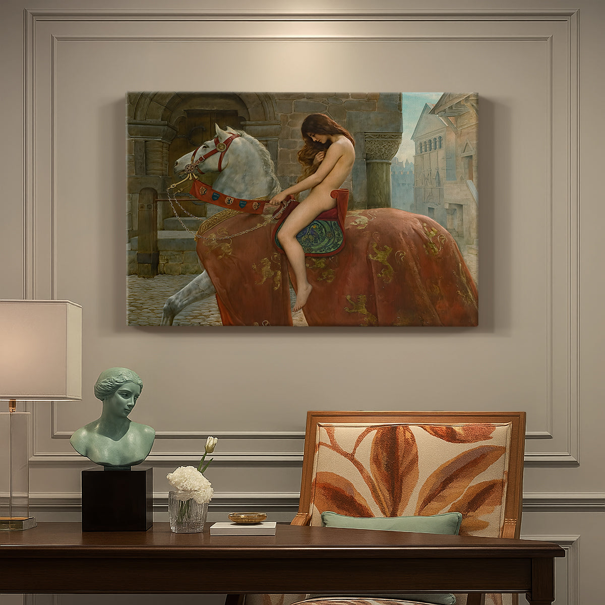 Canvas art print featuring a female figure riding horse through town, presented within a refined interior setting