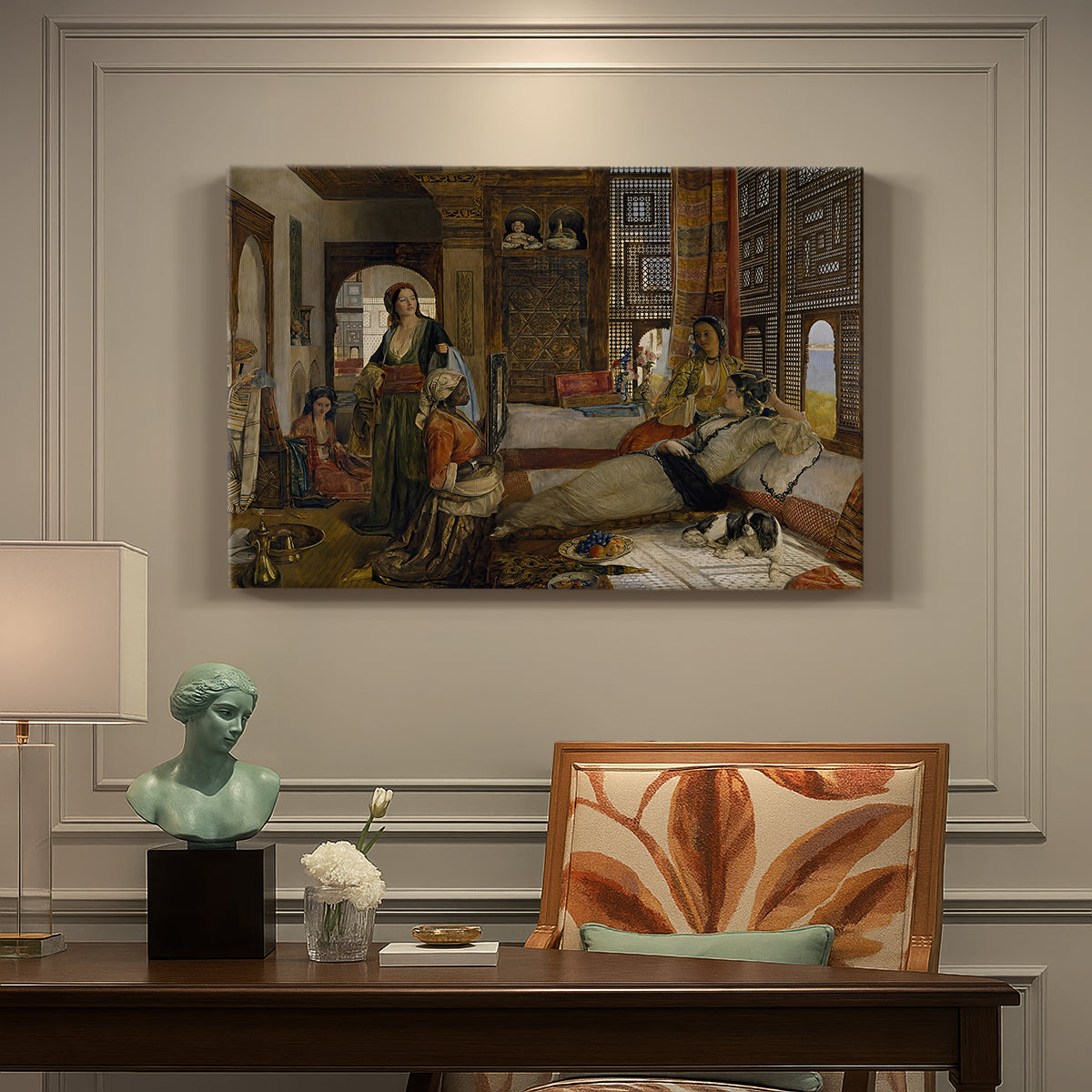 Canvas art print featuring an interior scene with seated figures in richly decorated room, presented within a refined interior setting