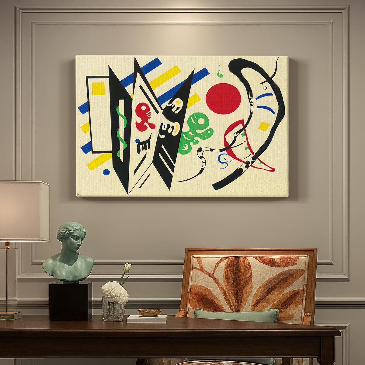 Canvas art print featuring an abstract composition of geometric shapes and lines arranged in balanced layout, presented within a refined interior setting