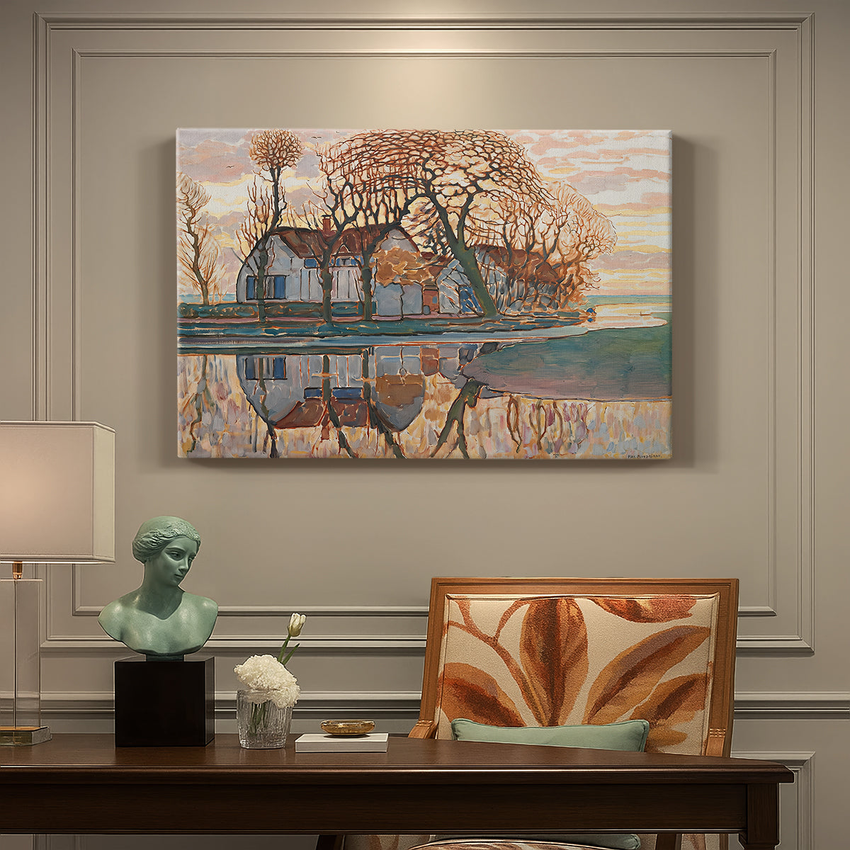 Canvas art print featuring a farmhouse in simplified landscape with bold outlines, presented within a refined interior setting