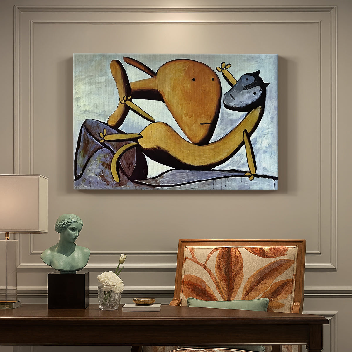 Canvas art print featuring an abstract cat interacting with large fish in simplified form, presented within a refined interior setting