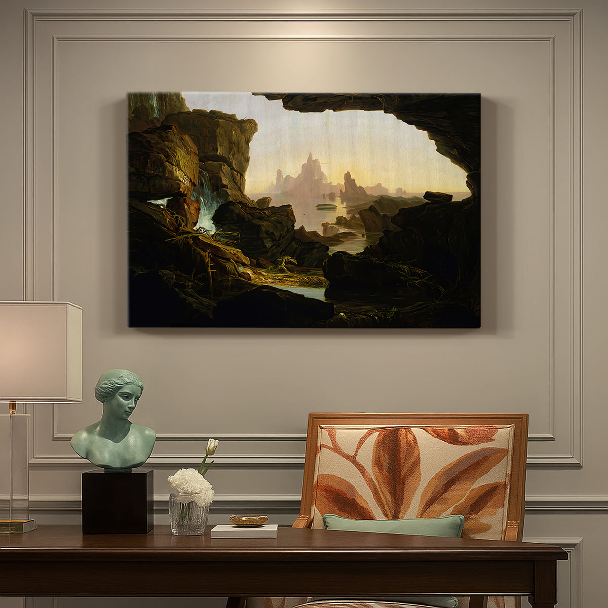 Canvas art print featuring a landscape emphasizing journey and environment, presented within a refined interior setting