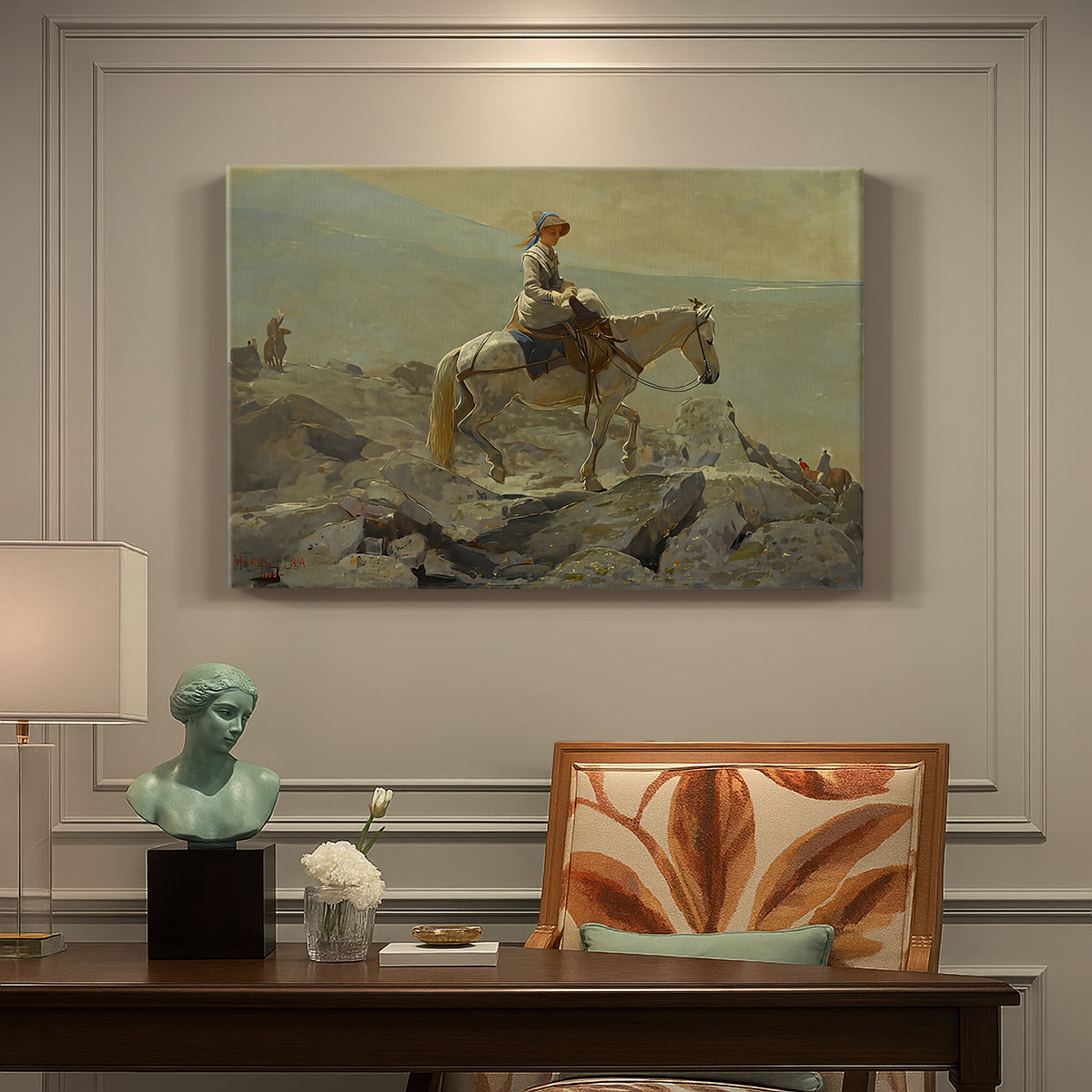 Canvas art print featuring a rider on horseback moving along elevated path with mountain view, presented within a refined interior setting