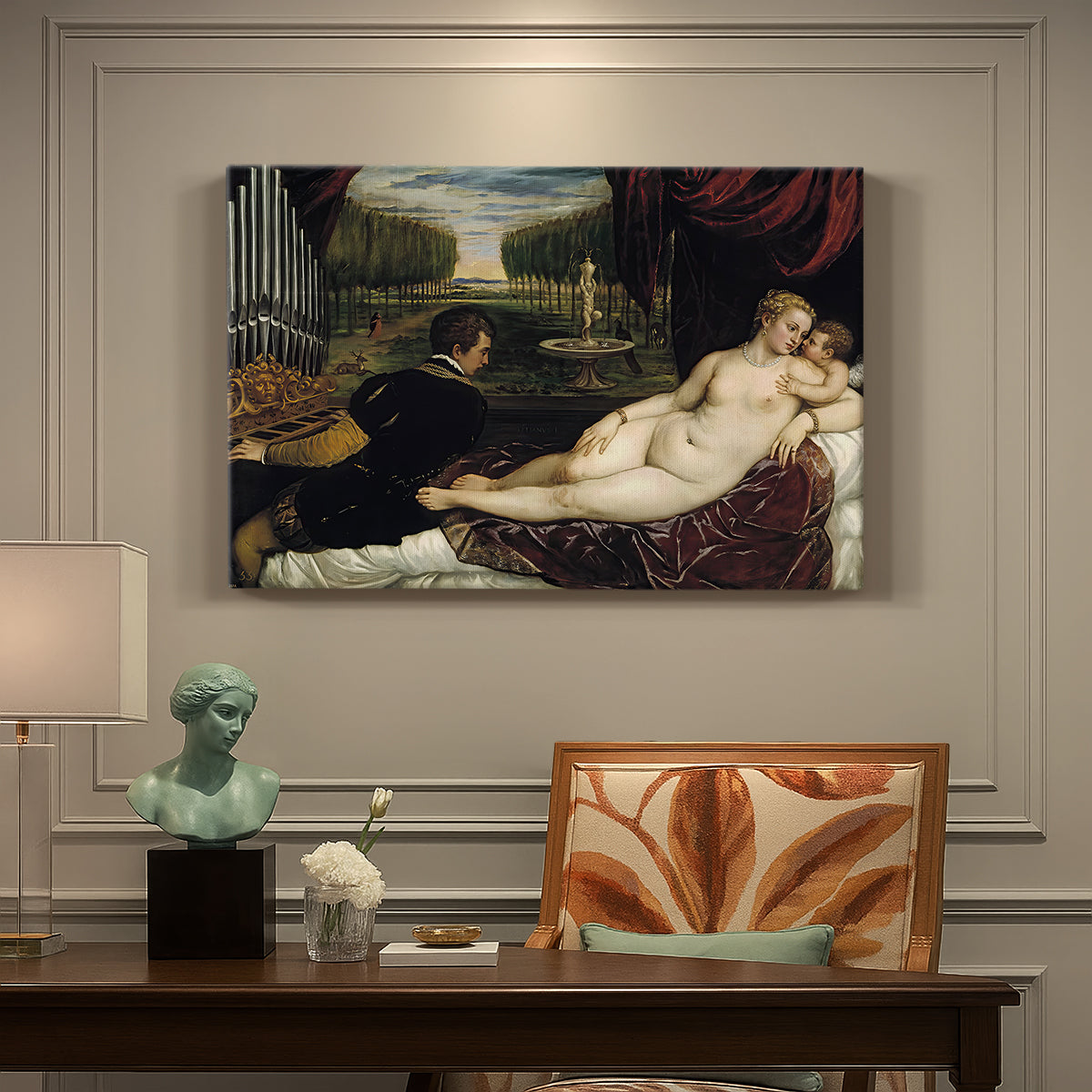 Canvas art print featuring a reclining Venus with seated organist and Cupid in rich interior setting, presented within a refined interior setting