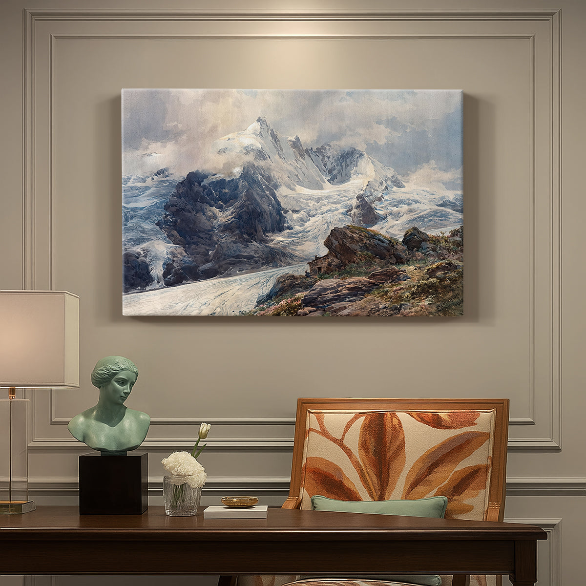 Canvas art print featuring a towering mountain peak rising above rocky alpine landscape, presented within a refined interior setting