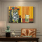 Canvas art print featuring a stylized figure facing cat across table in exaggerated scene, presented within a refined interior setting