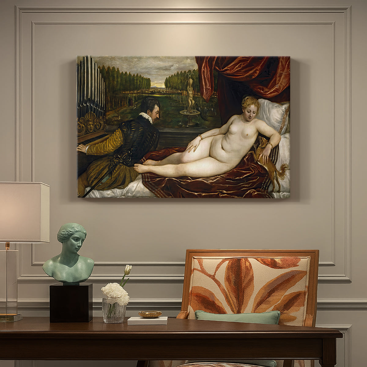 Canvas art print featuring a reclining nude woman with organist nearby and dog at foot of bed, presented within a refined interior setting