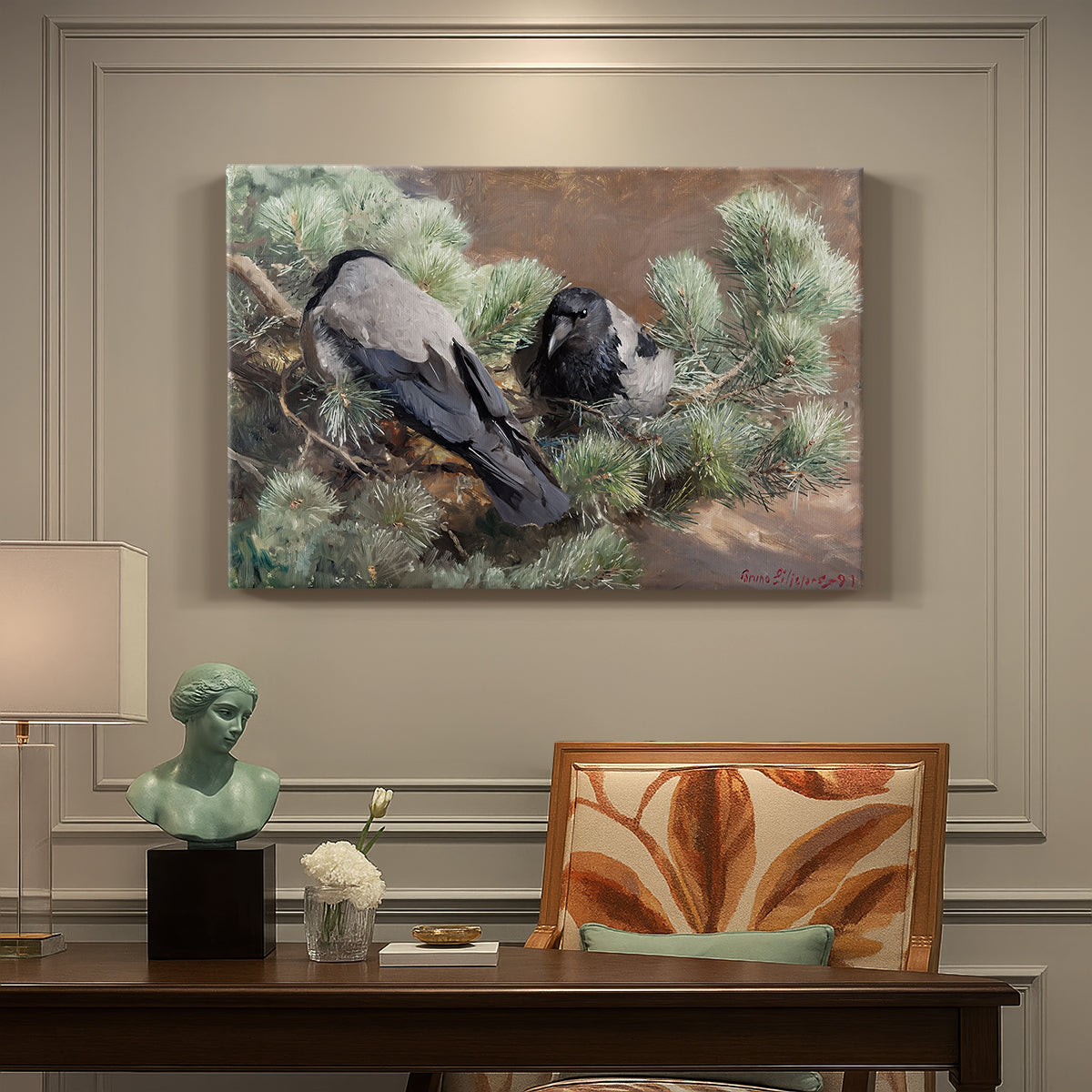Canvas art print featuring two crows perched on ground among grass and earth tones, presented within a refined interior setting
