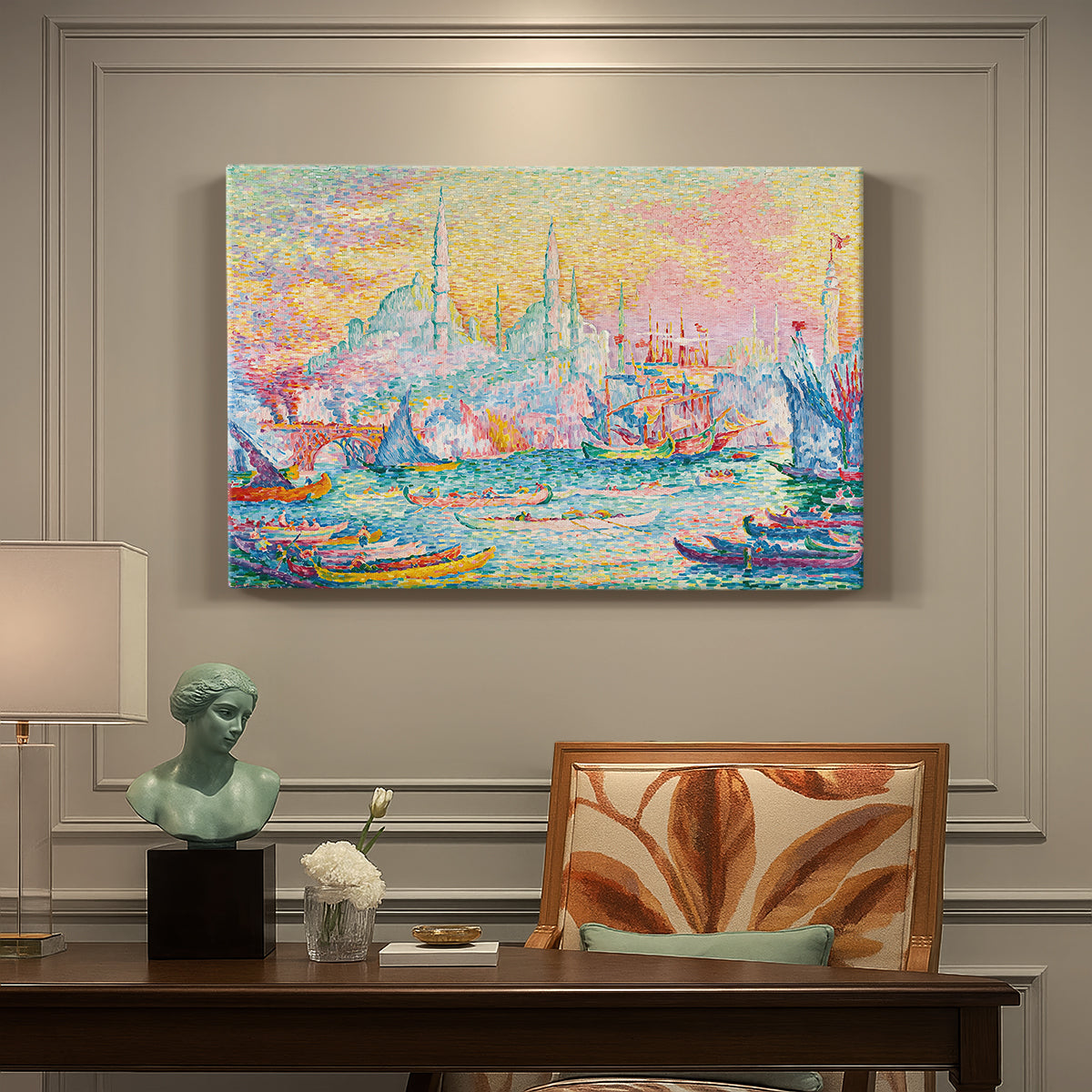 Canvas art print featuring a harbor with city skyline and boats, presented within a refined interior setting