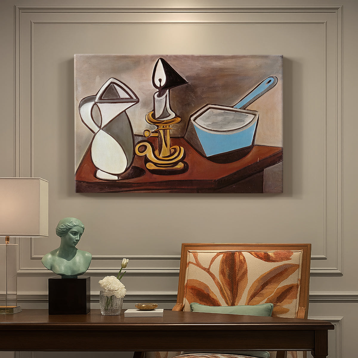 Canvas art print featuring a still life with jug candle and pan in angular composition, presented within a refined interior setting