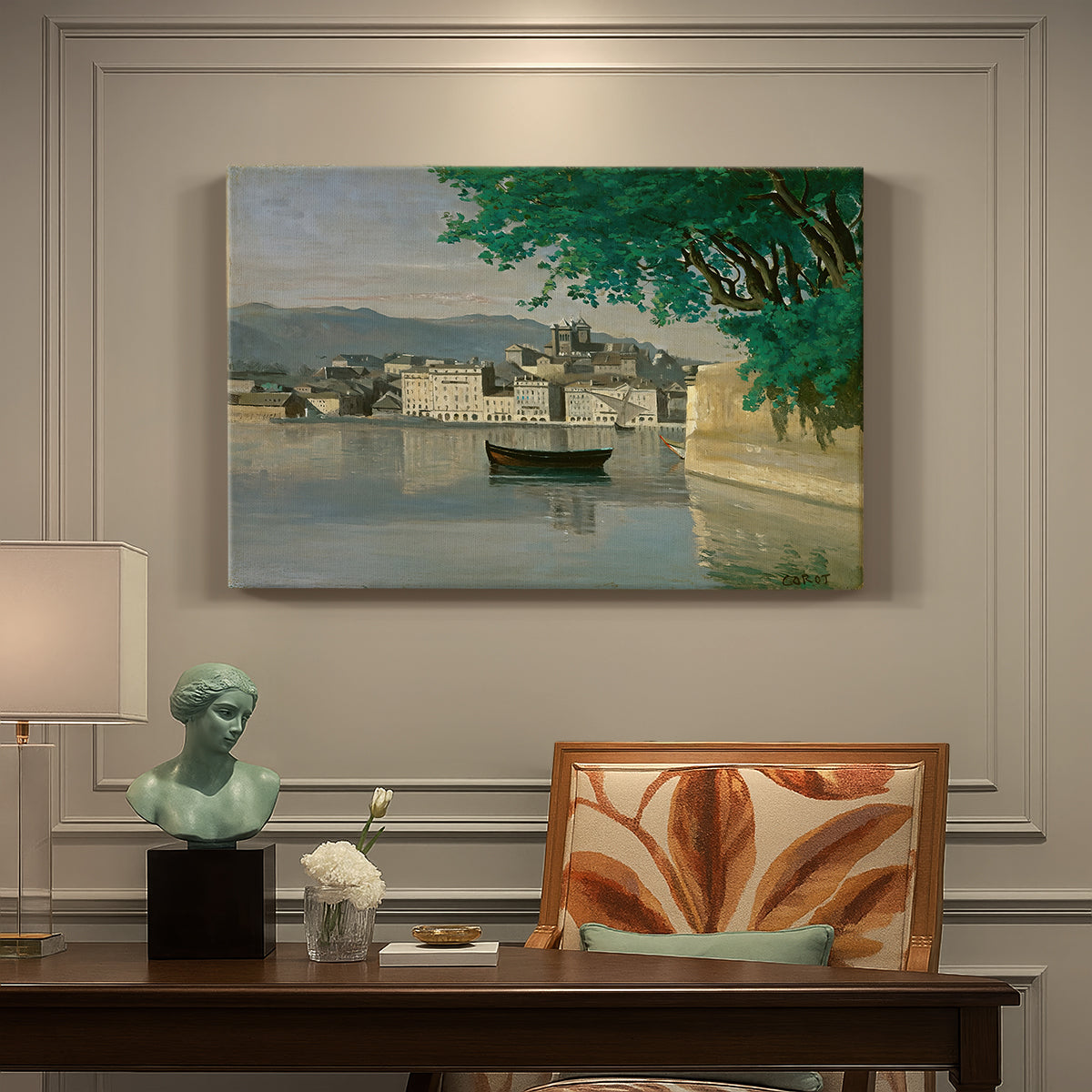 Canvas art print featuring a waterfront city view with buildings and boats along calm water, presented within a refined interior setting
