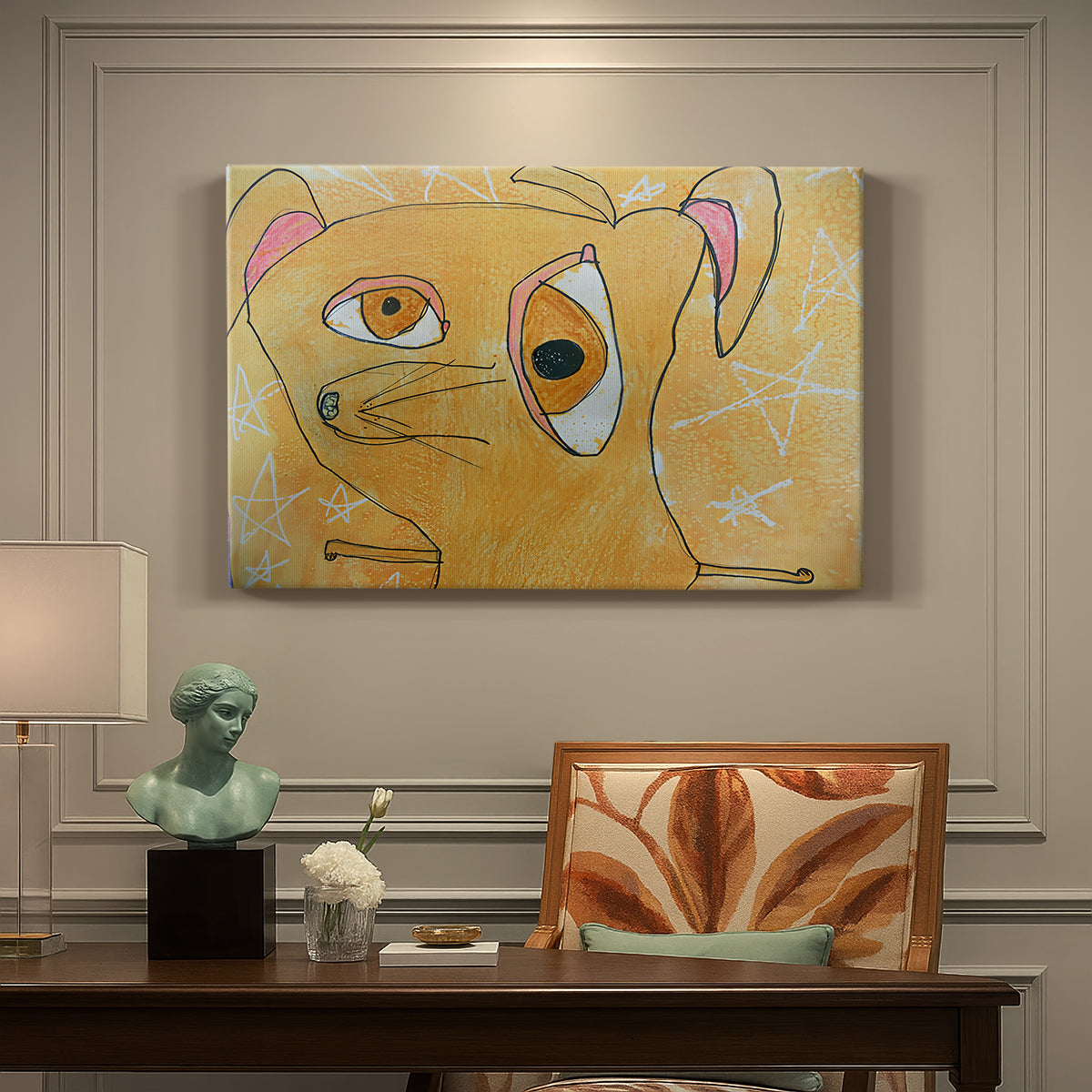 Canvas art print featuring a geometric dog composed of angular shapes with stars, presented within a refined interior setting