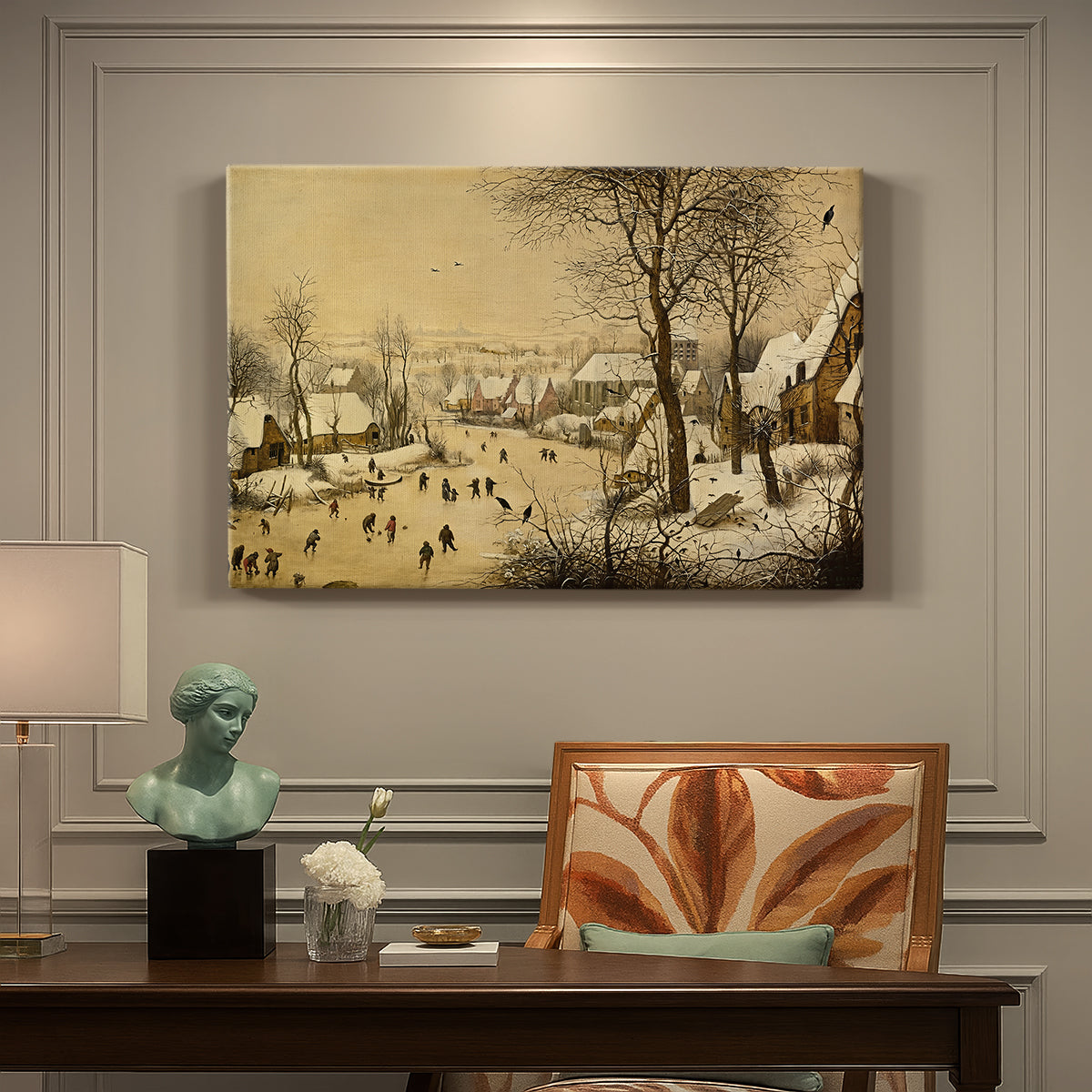 Canvas art print featuring a village scene with skaters on frozen river, presented within a refined interior setting