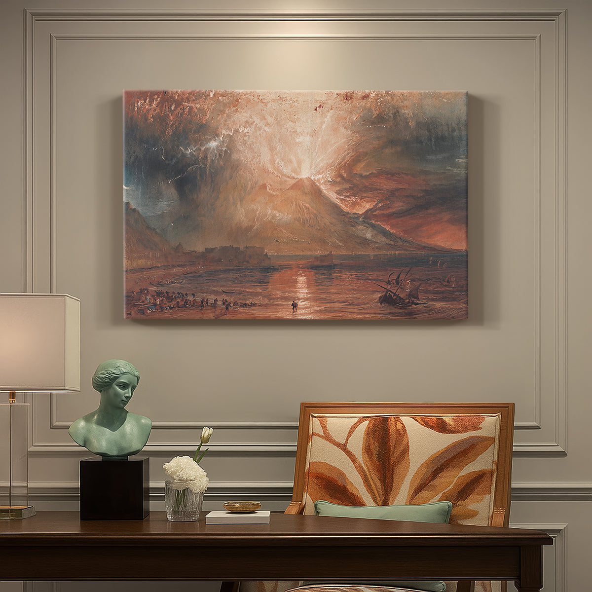 Canvas art print featuring a volcanic eruption with glowing lava and smoke, presented within a refined interior setting