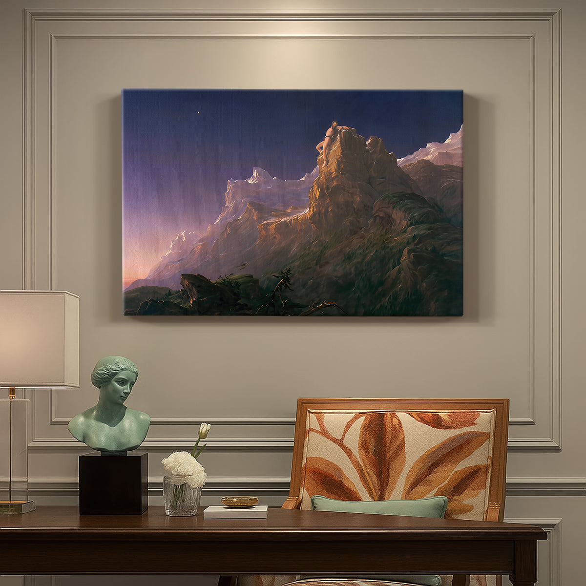 Canvas art print featuring a mythological figure chained within vast mountainous landscape, presented within a refined interior setting