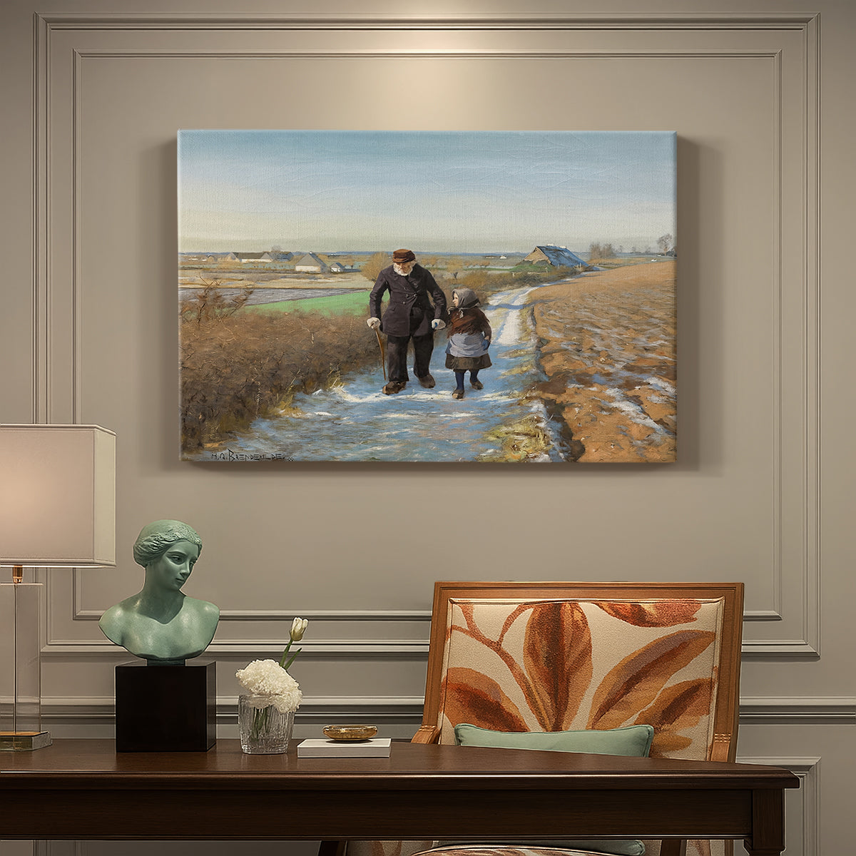 Canvas art print featuring an elderly man and child walking together along quiet rural path, presented within a refined interior setting