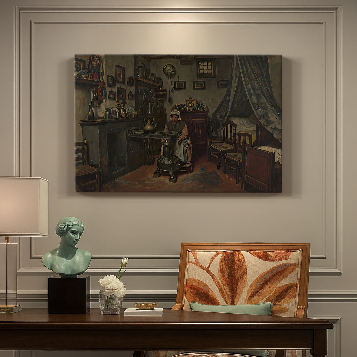 Canvas art print featuring a quiet room with figure seated near window and simple furnishings, presented within a refined interior setting