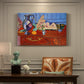 Canvas art print featuring a still life with pewter jug and pink statuette on a patterned table, presented within a refined interior setting