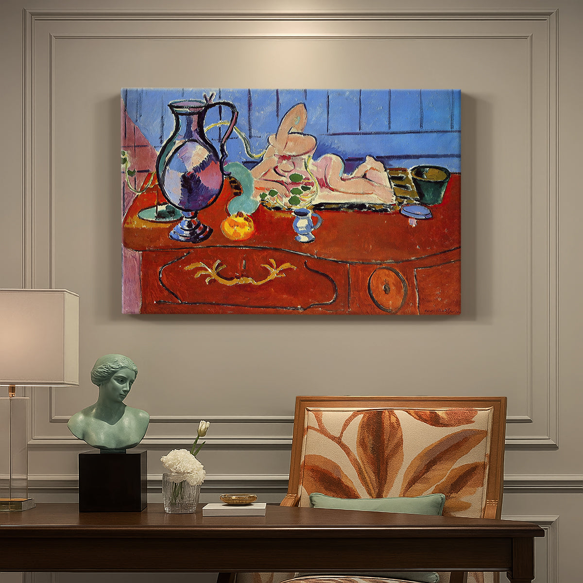 Canvas art print featuring a still life with pewter jug and pink statuette on a patterned table, presented within a refined interior setting