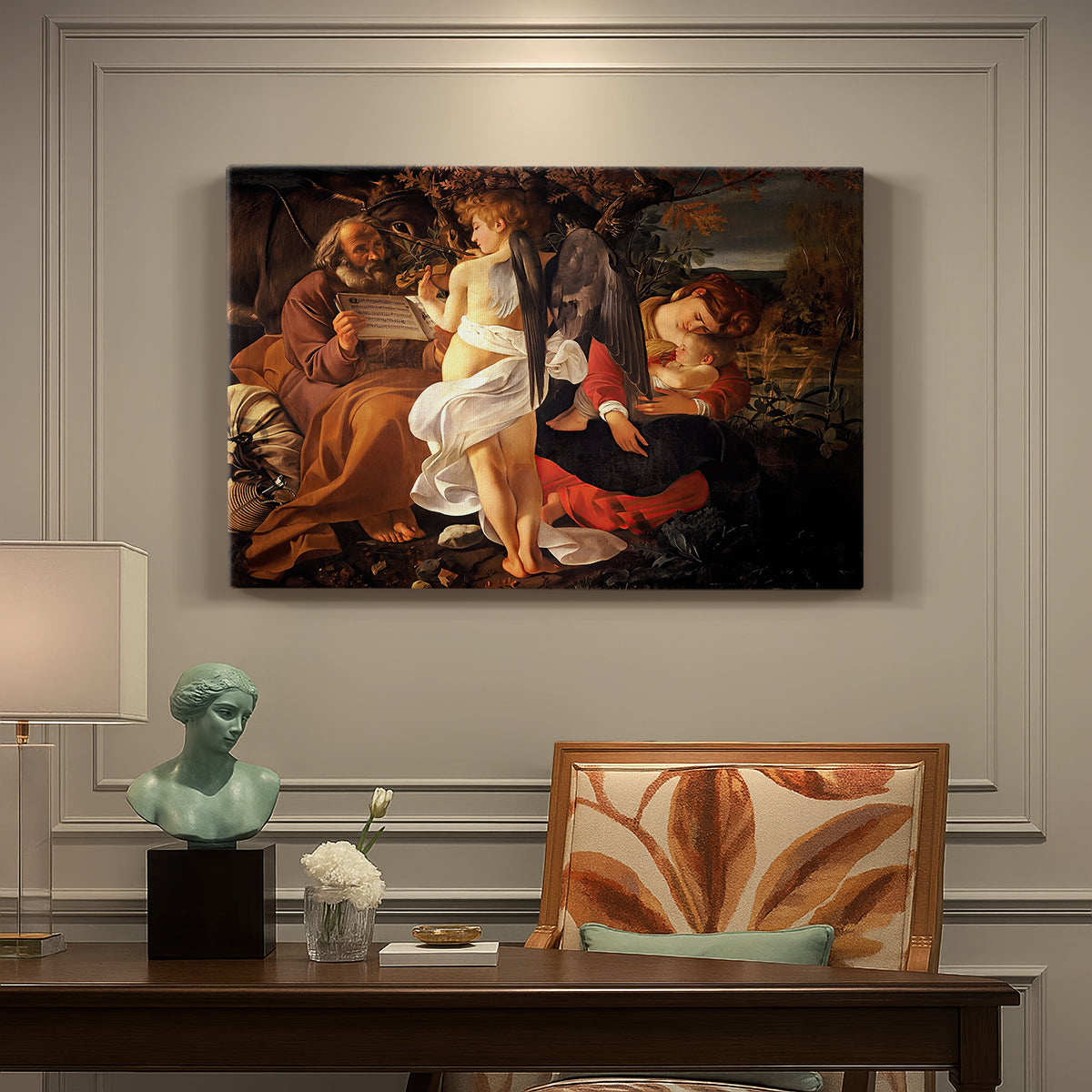 Canvas art print featuring the Holy Family resting in landscape with angel playing violin, presented within a refined interior setting