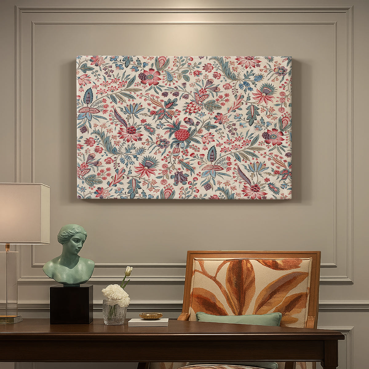 Canvas art print featuring a repeating floral and botanical pattern with intricate detailing on cream background, presented within a refined interior setting
