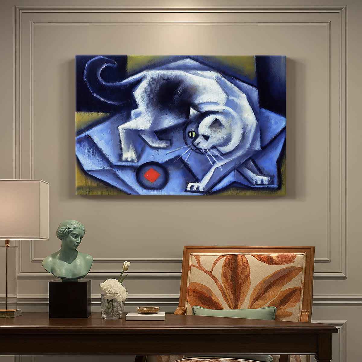 Canvas art print featuring a geometric cat interacting with ball in cubist composition, presented within a refined interior setting